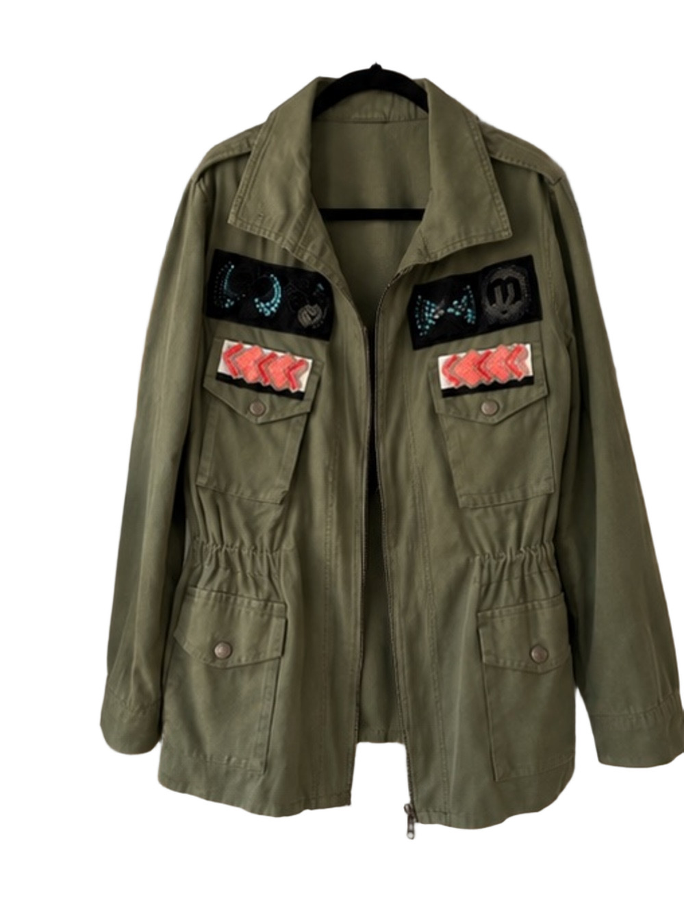 Olive Embellished Utility Jacket Small Beaded Military Style